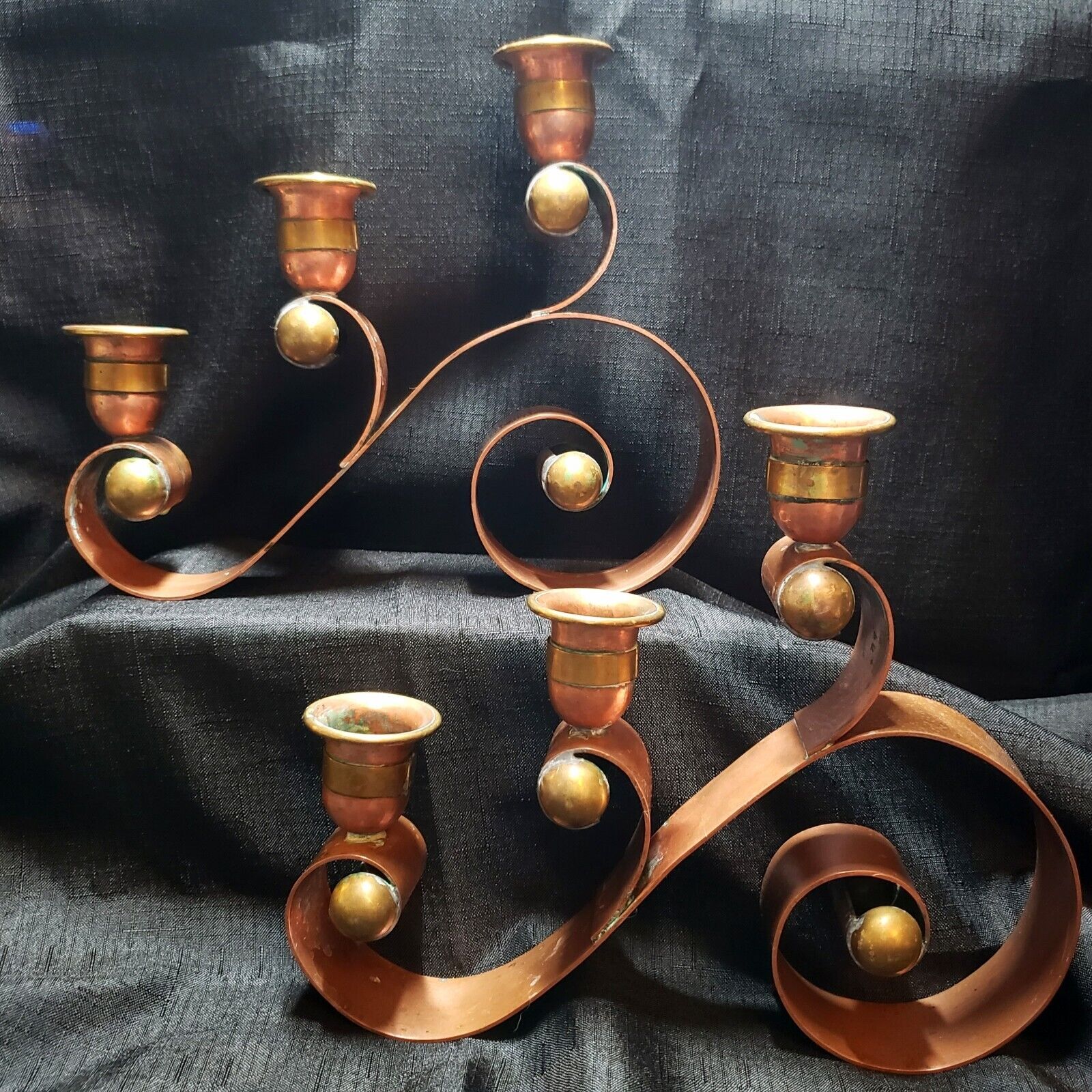 Vintage Hector Aguilar Pair Copper & Brass Candelabra Pair Made In Taxco Mexico