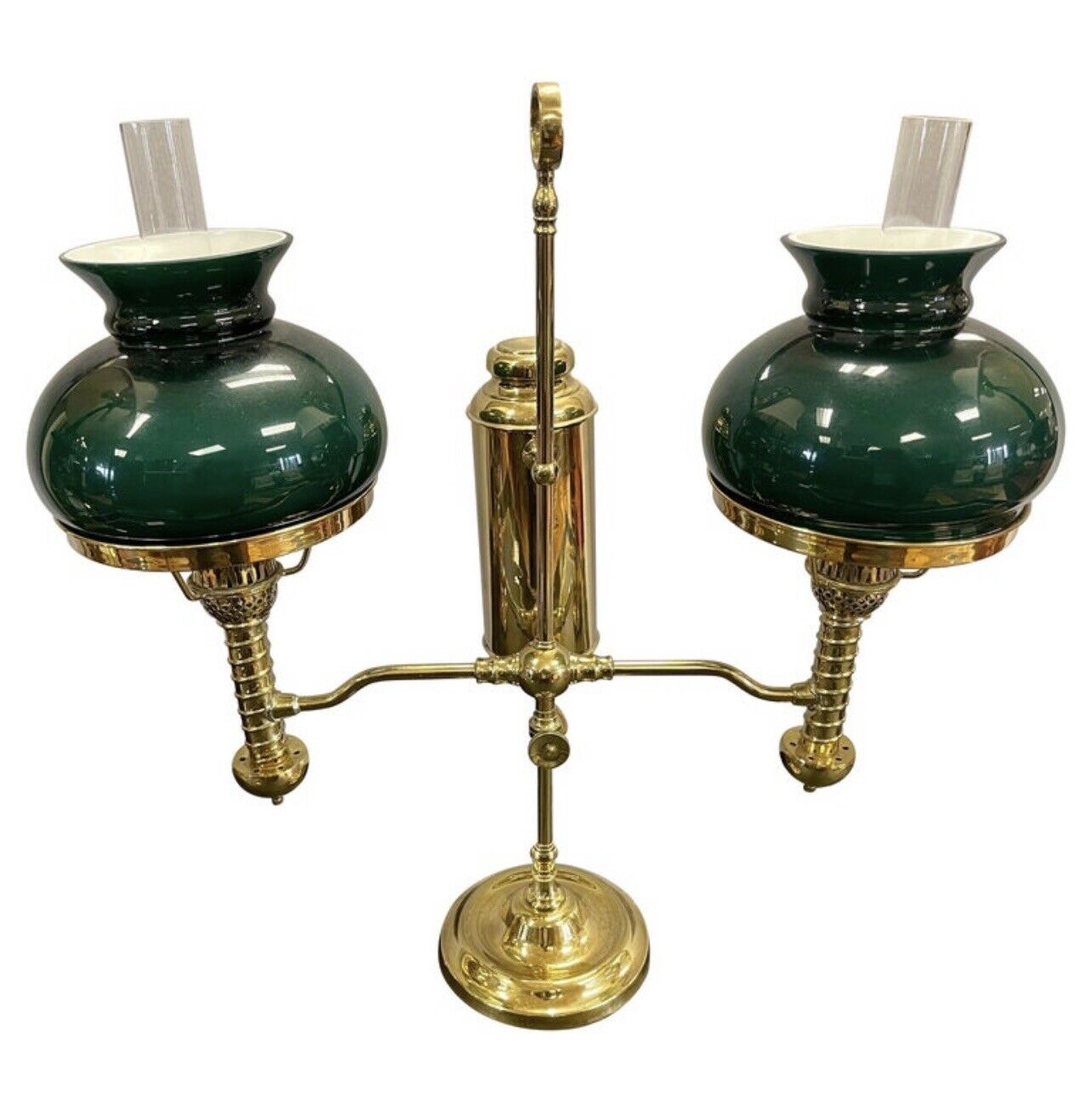 Magnificent English Brass Double Arm Lamp Masters Green Hurricane Glass Shades