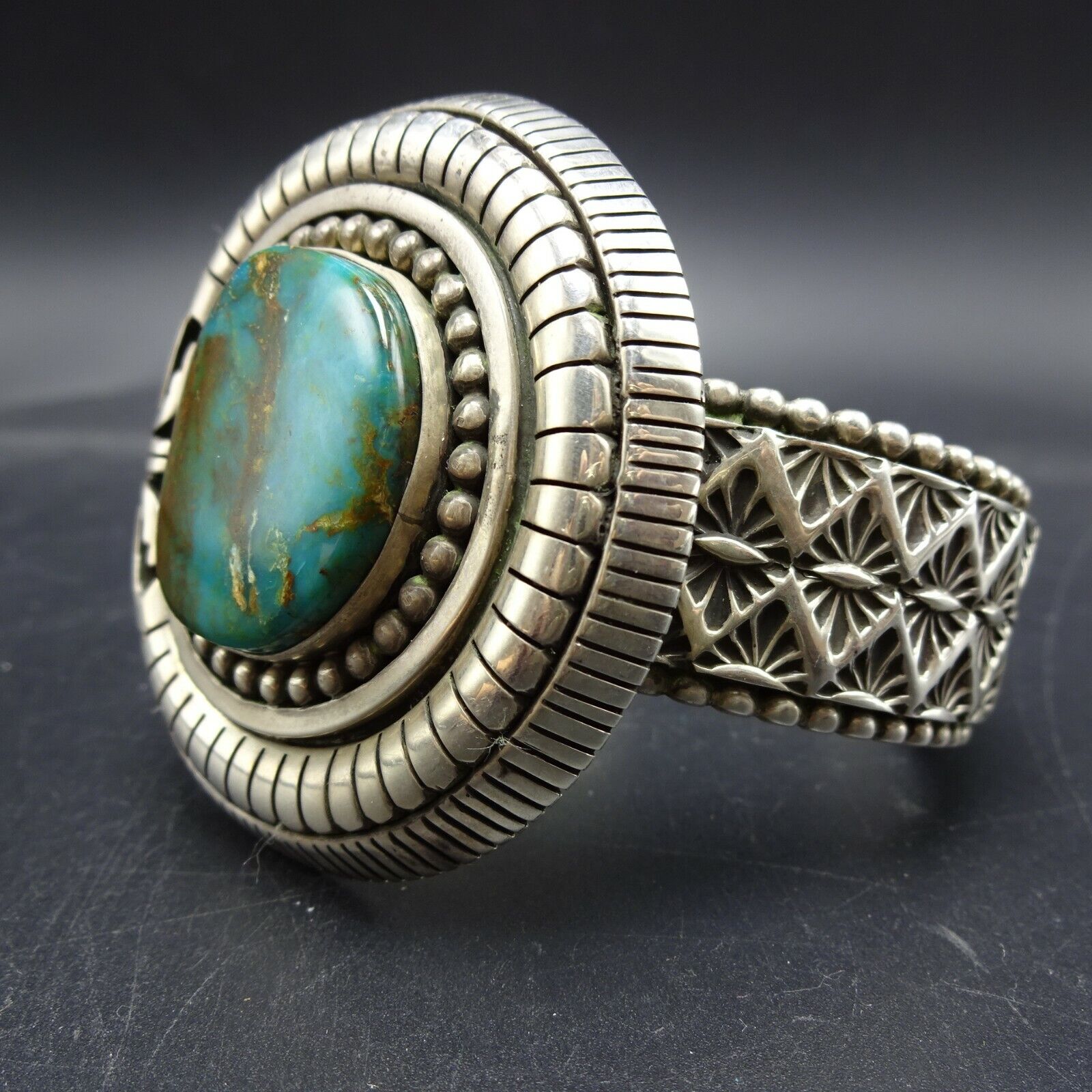 228.4g NAVAJO Heavy Gauge Hand-Stamped Sterling Silver TURQUOISE Cuff BRACELET