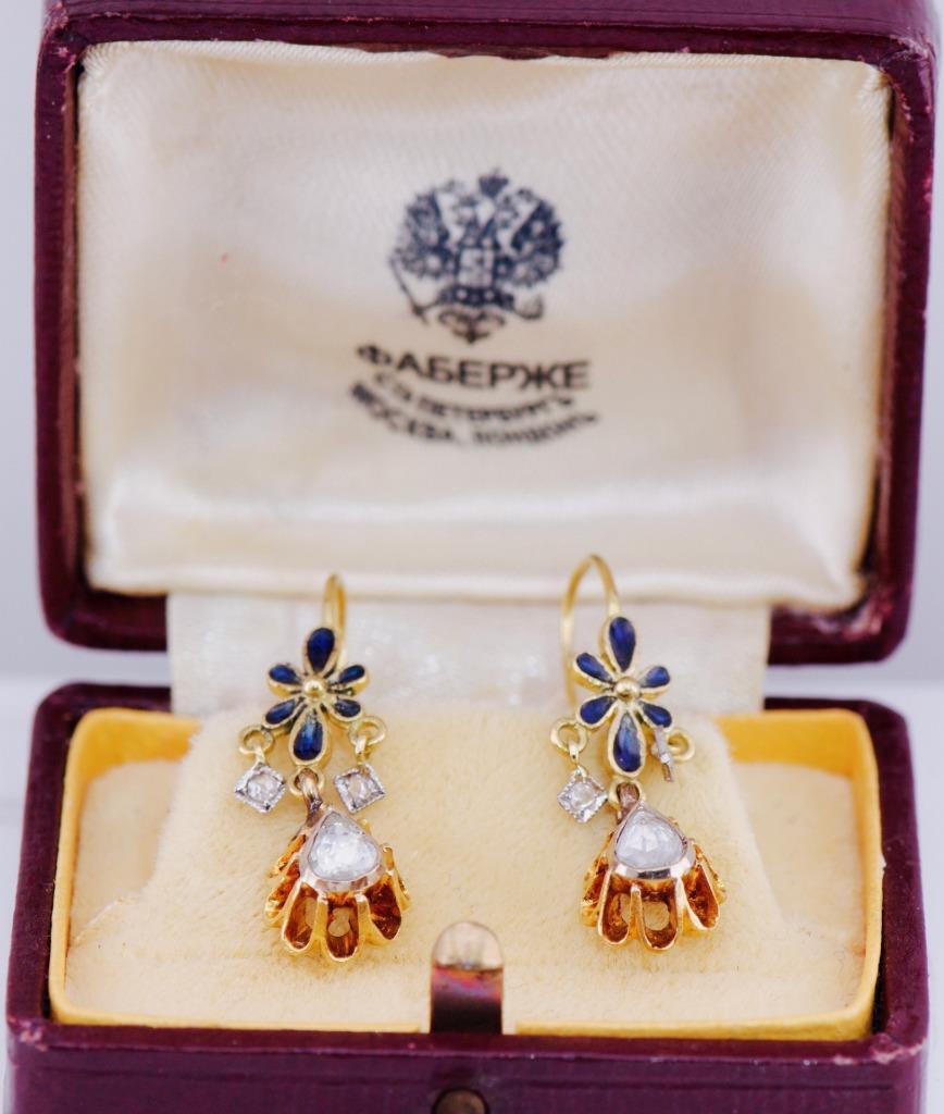 Antique Empire Royal Award Diamond Gold Enamel Earrings for Empress Alexandra