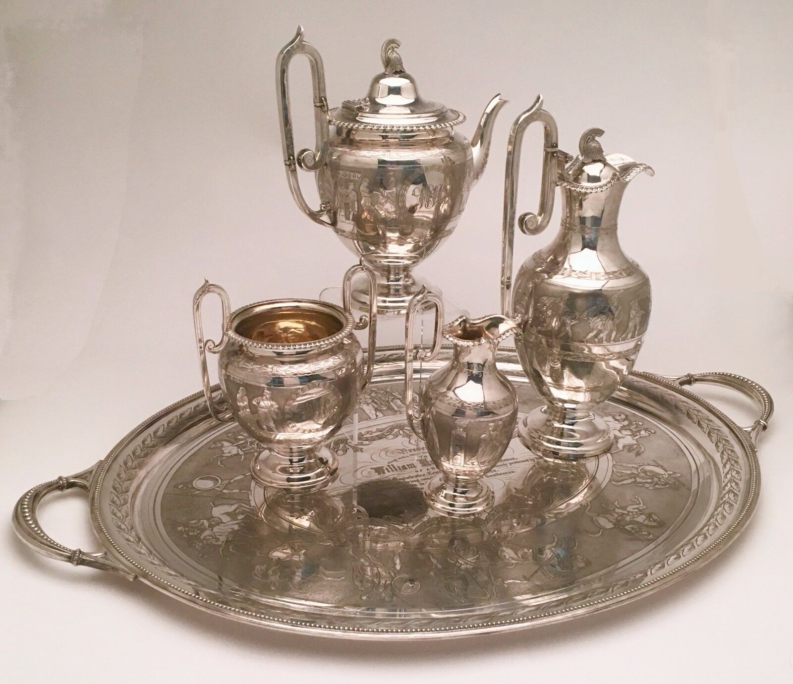 Greco-Roman Style English Sterling Tea Set w/ Tray by Martin, Hall & Co. ca1874 