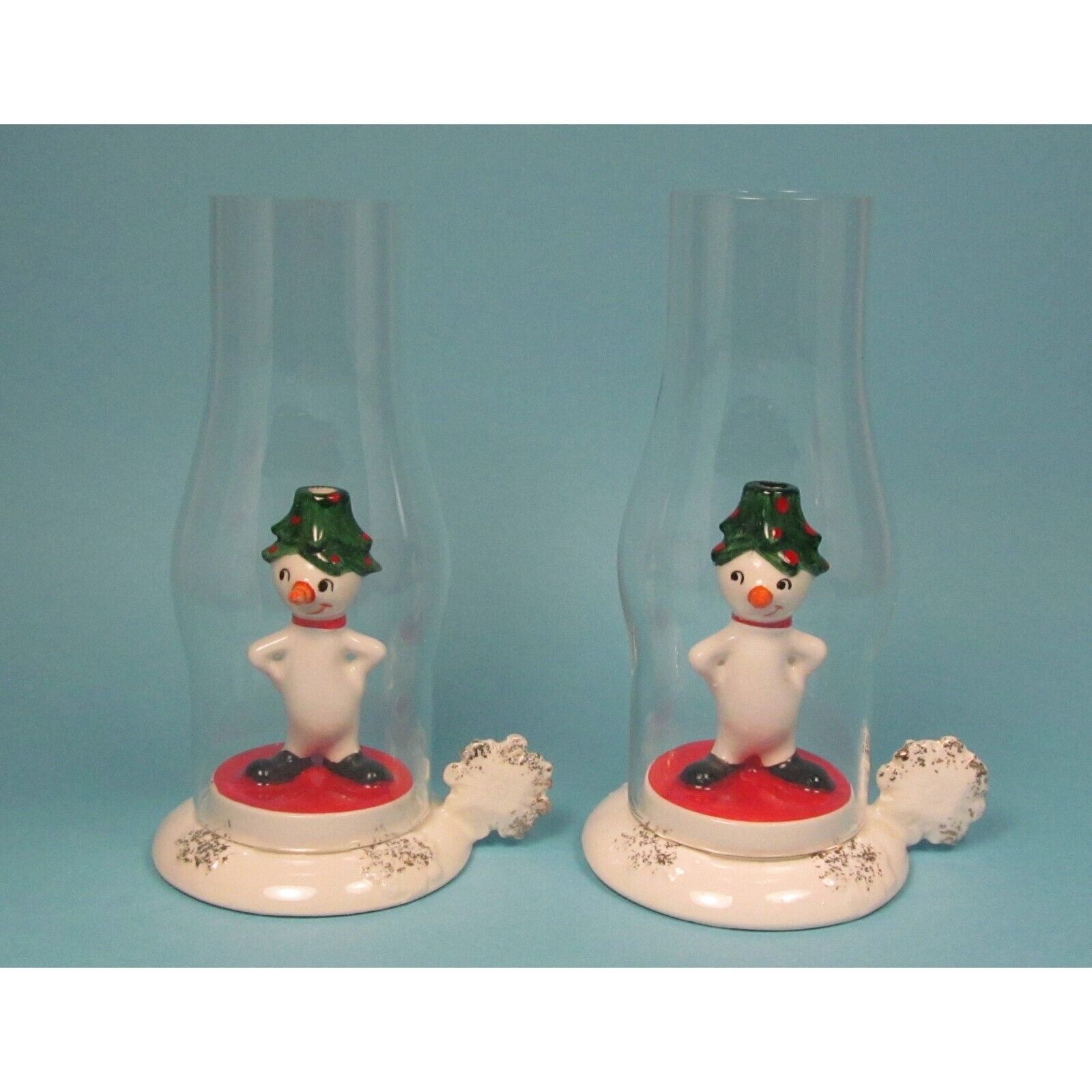 Holt Howard Snowmen VTG Candle Holders Glass Hurricanes Original Boxes Japan