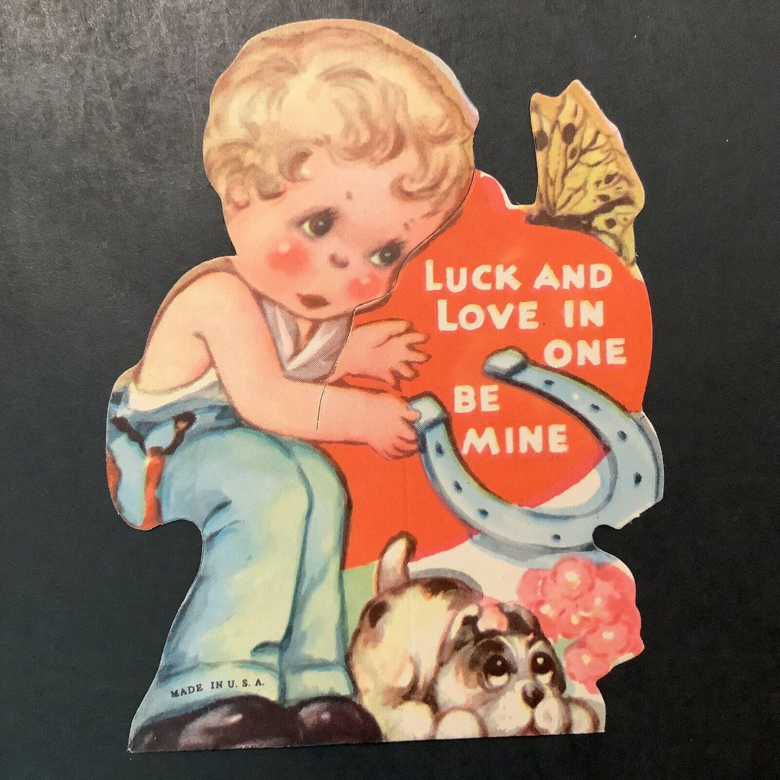 Vtg Valentine Card DieCut Cute Boy Playing Horseshoes Puppy Luck & Love In One