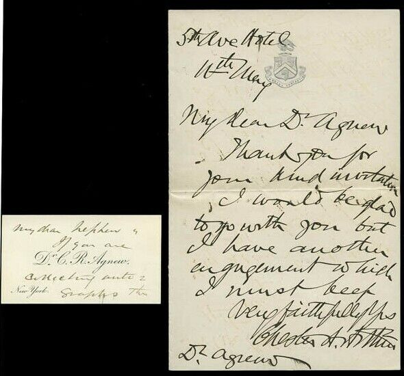 Beautiful, President Chester A. Arthur Handwritten & Signed Letter, No Date