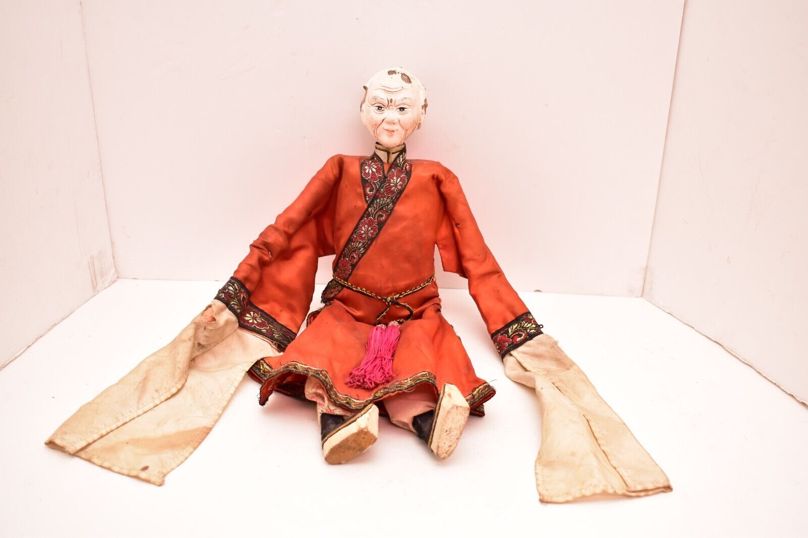 Antique Chinese Opera Vtg Doll Puppet in Elaborate Embroidered Silk Clothing 18\
