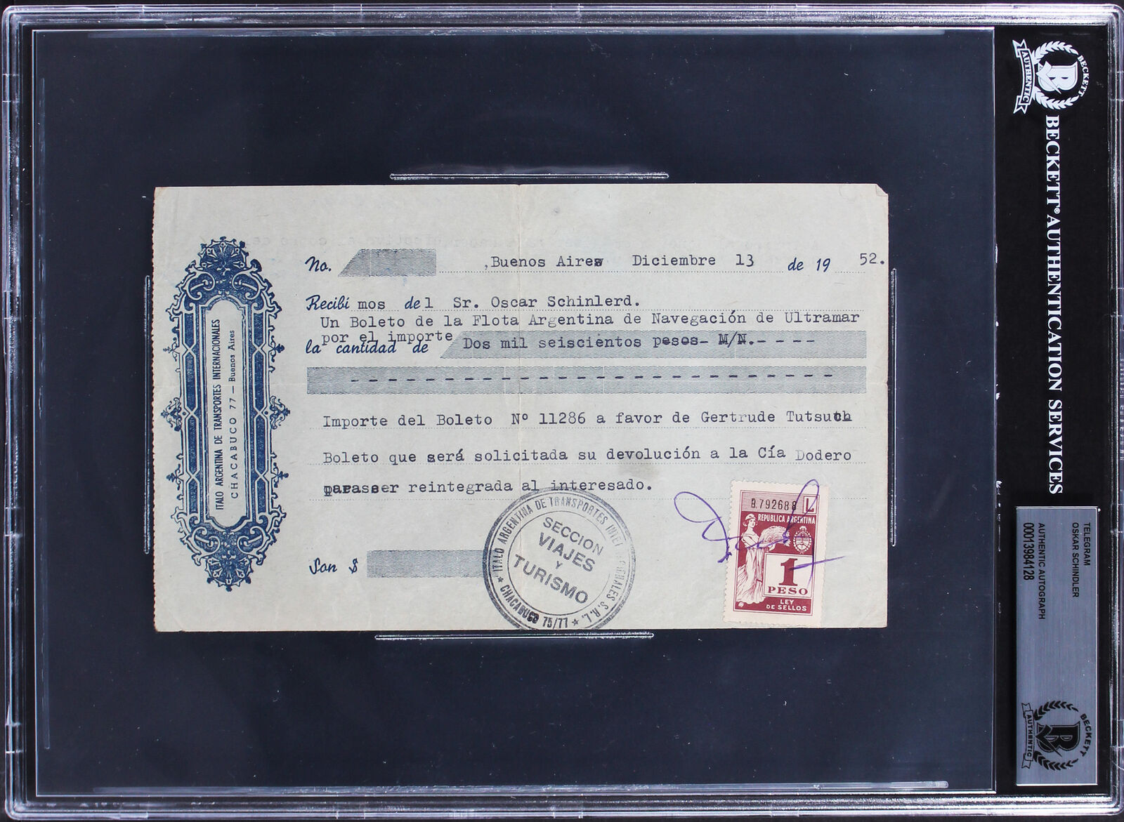 Oskar Schindler Authentic Signed 4.85x7.85 1952 Telegram Document BAS Slabbed
