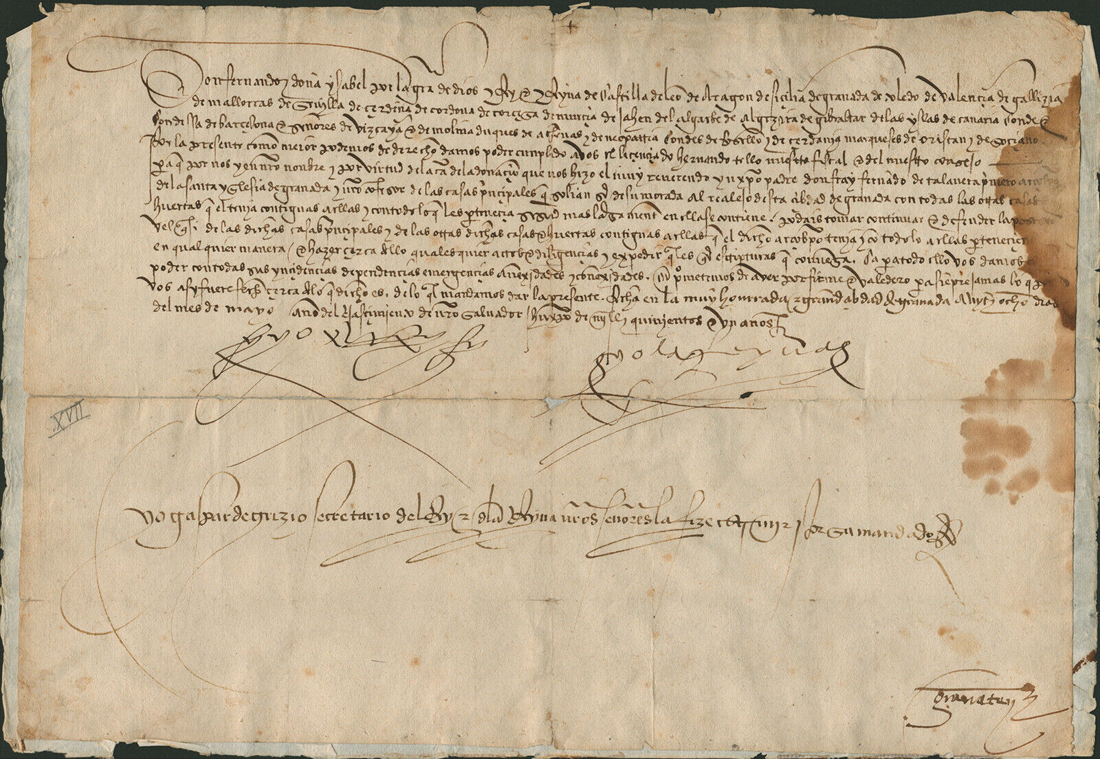 KING FERDINAND V (SPAIN) - MANUSCRIPT DOCUMENT SIGNED 5/28/1501 WITH CO-SIGNERS