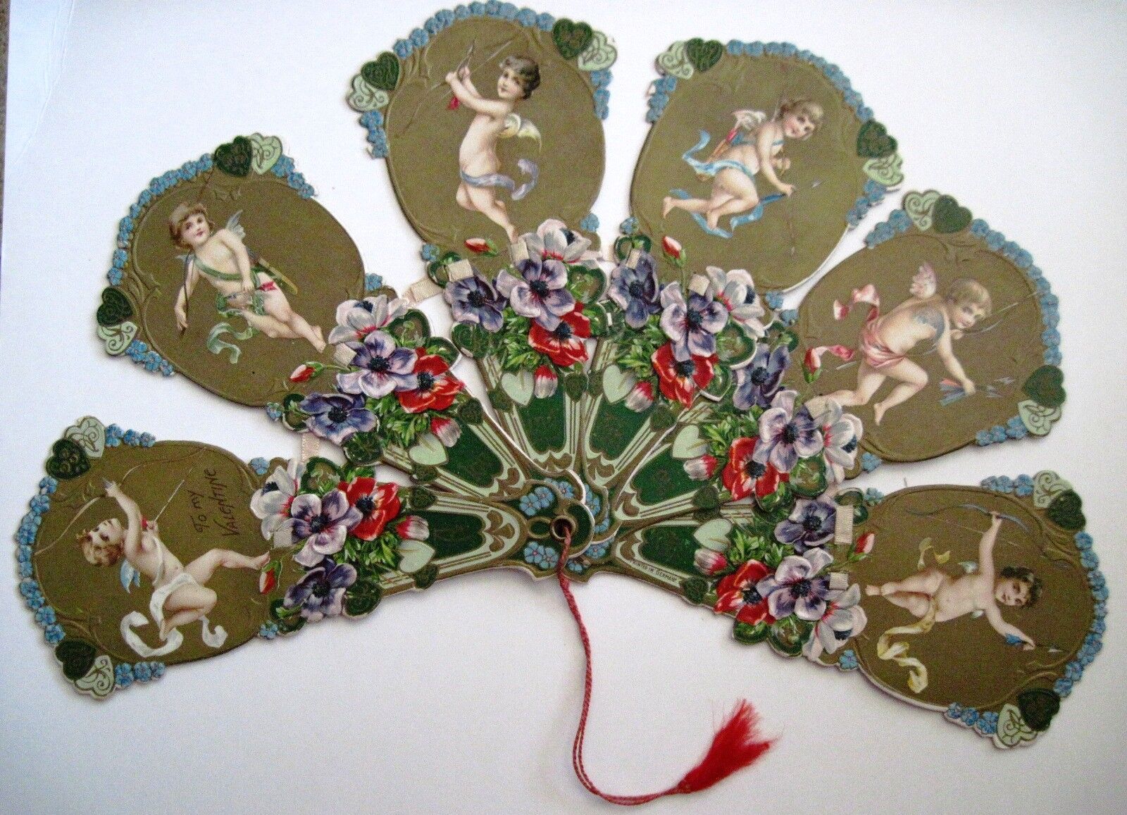 Vintage Elaborate Antique Valentine Fan w/ Six Arms of Adorable Cupids *