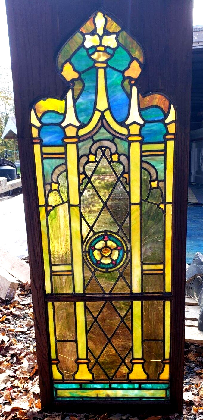 Genuine 1905 Tiffany Studios Ornamental Gothic Church Stained Glass Window 22x60