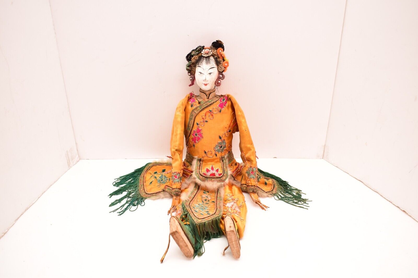 Antique Chinese Opera Doll Puppet in Elaborate VTG Embroidered Silk Clothing 18\
