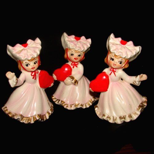 RARE 3 VinTAgE LeFTon Girl Valentine Figurines with Frilly Dresses and Hearts
