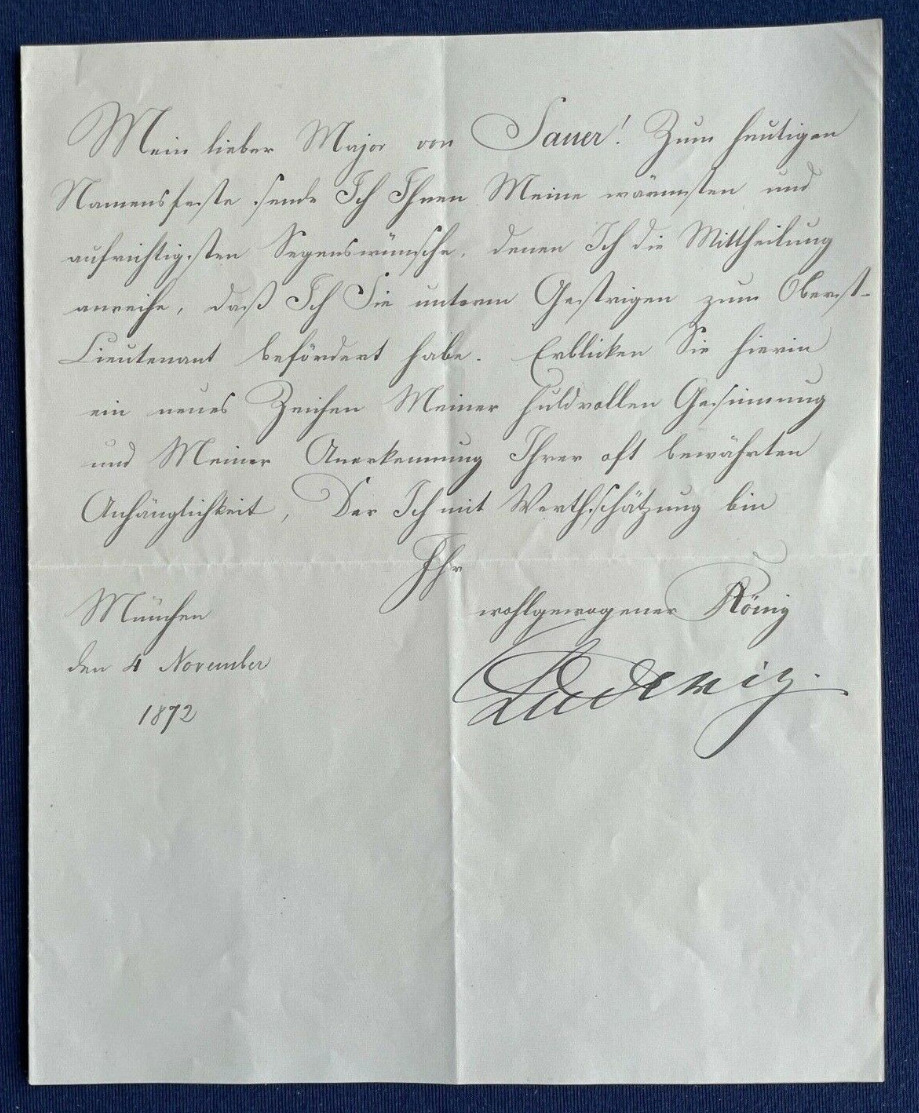 KING LUDWIG II OF BAVARIA - personal letter & certificate of appointment 1872