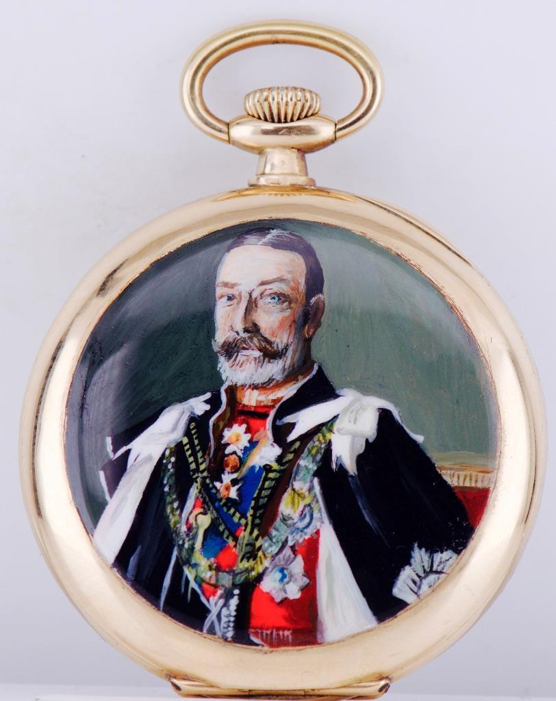 Antique Award Omega Pocket Watch 18k Gold Enamel Portrait of King George V c1920