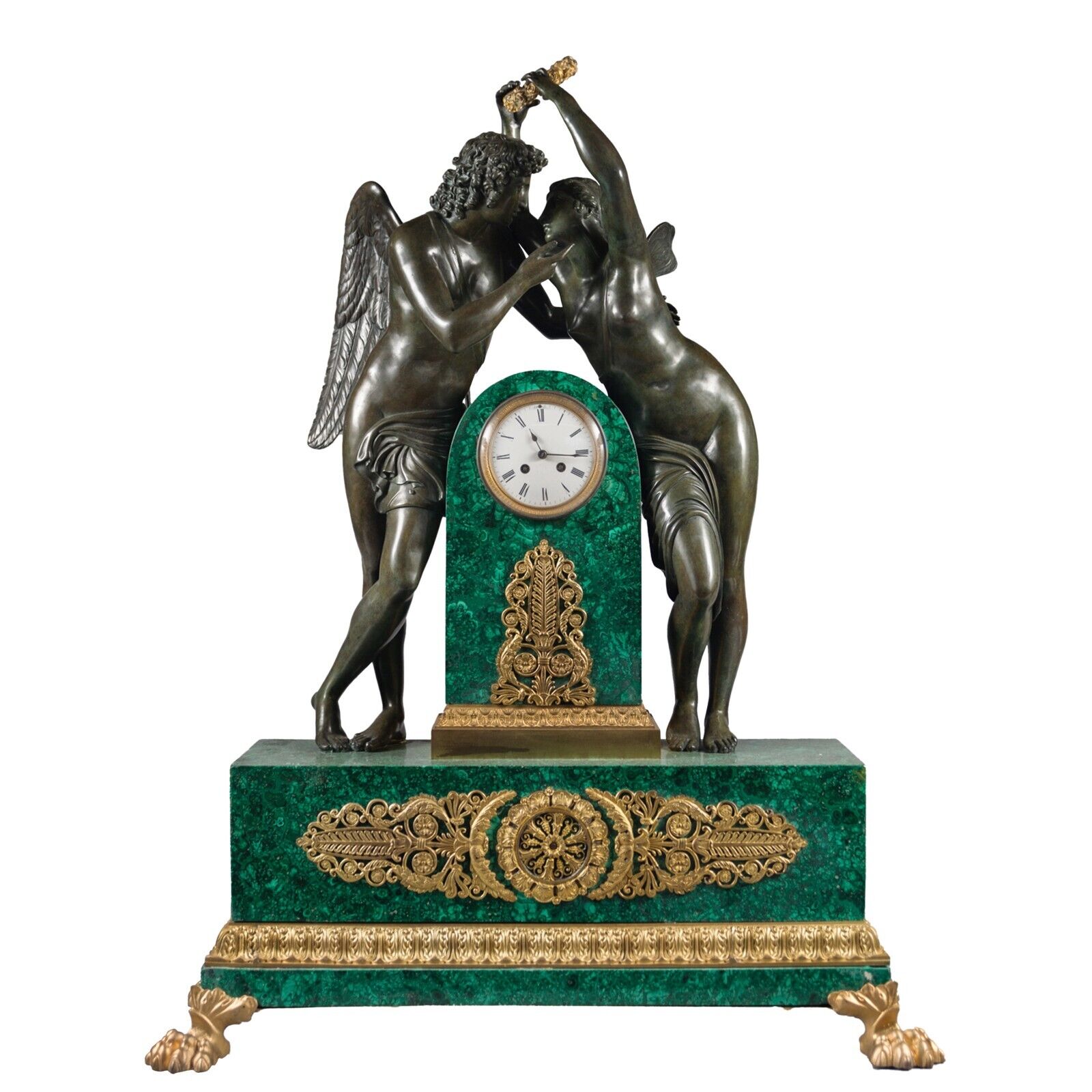 A PALATIAL ANTIQUE FRENCH BRONZE & MALACHITE MANTEL CLOCK OF CUPID AND PSYCHE