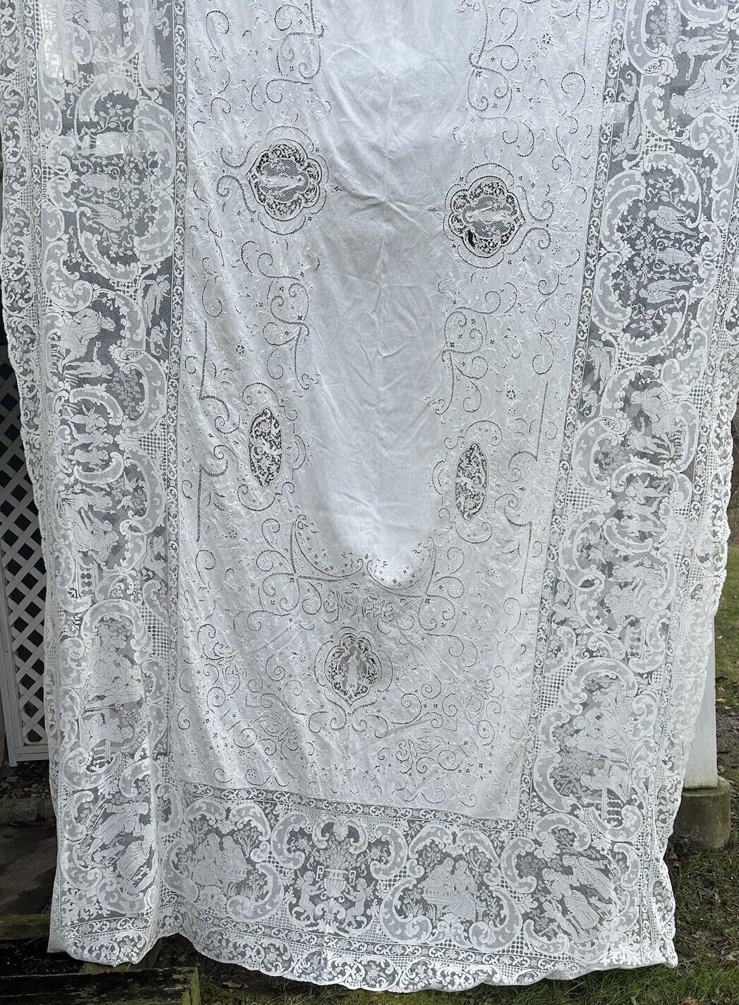 Antique  Lace Huge Handmade Tablecloth Italy France Elaborate Banquet 98 X 194”