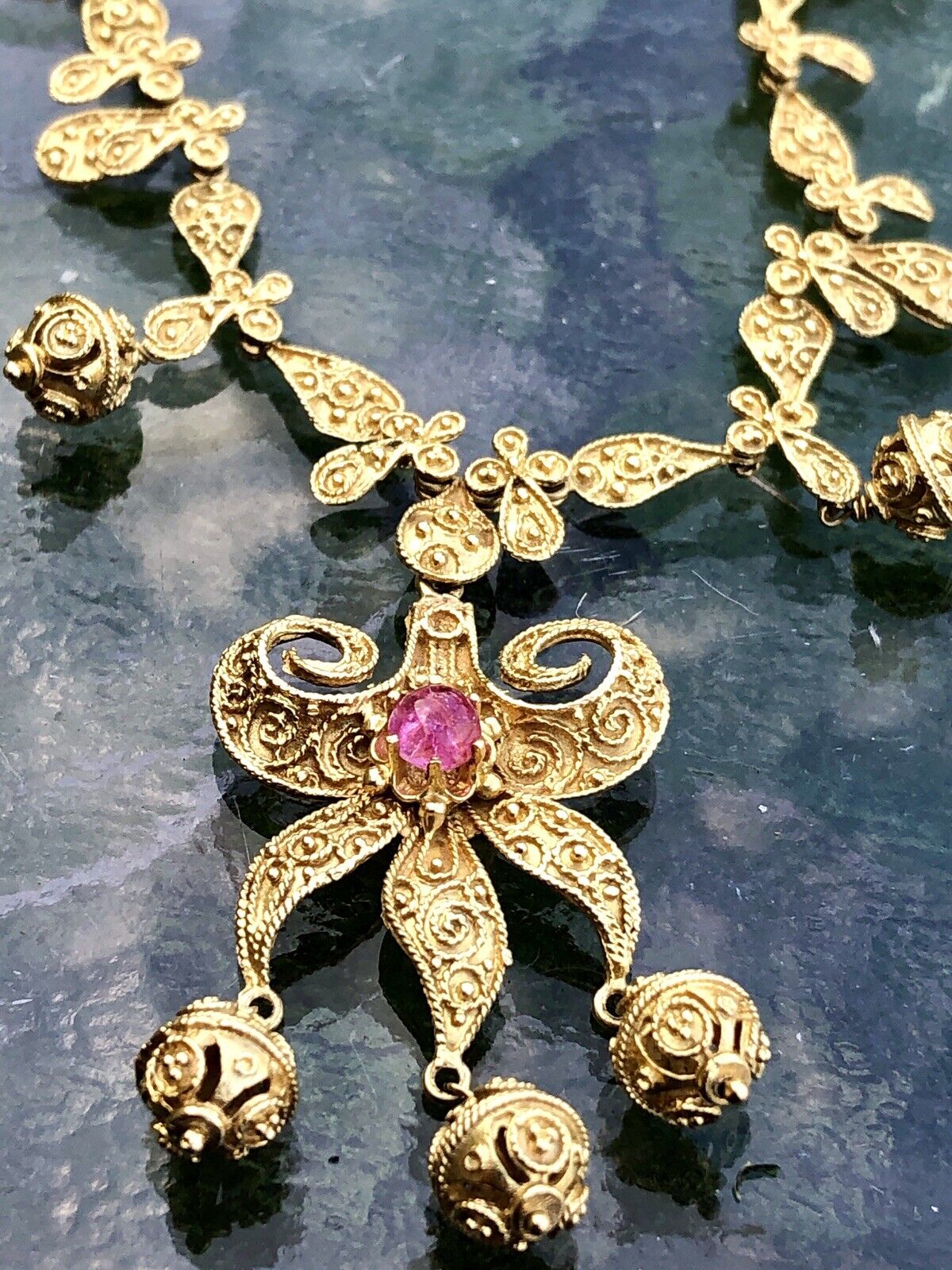 Crown Jewels- Antique 18k Etruscan Pink Cabochon Necklace- Royal Queen Frederica