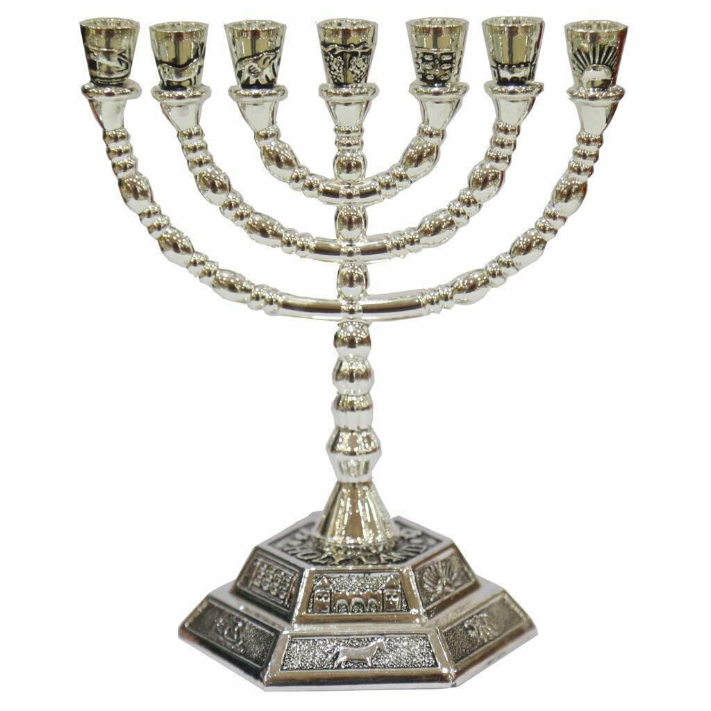 12 Tribes of Israel Jerusalem Temple Menorah - Silver 5 Inches