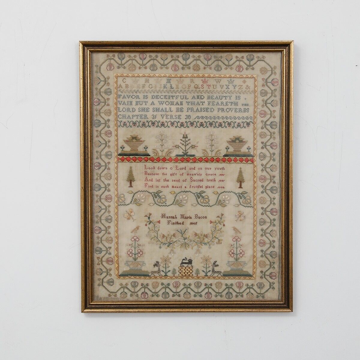 Antique Framed Hand Embroidery Hannah Bacon 1845 Bible Proverbs Verse 18.5x14.5