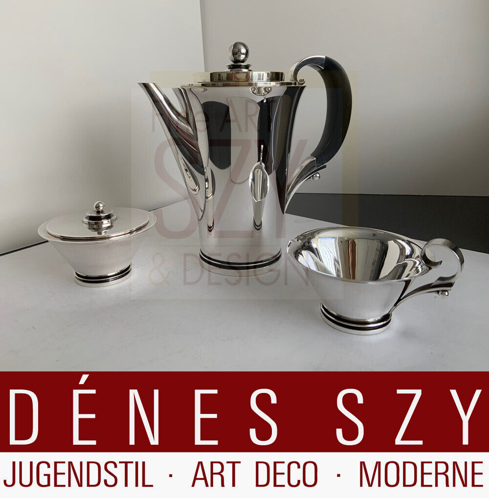Georg Jensen Sterling pyramid large coffeepot 600 B with creamer and sugar box