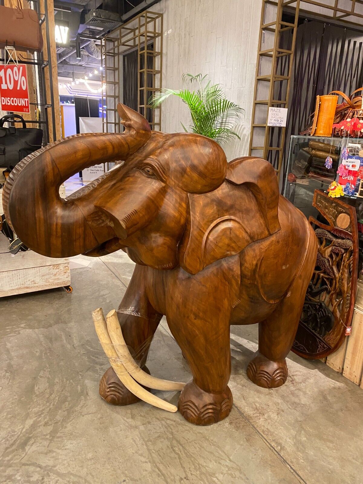 5ft height Wooden Carved Elephant Figure Handmade Lucky Statue Lankan Home Decor