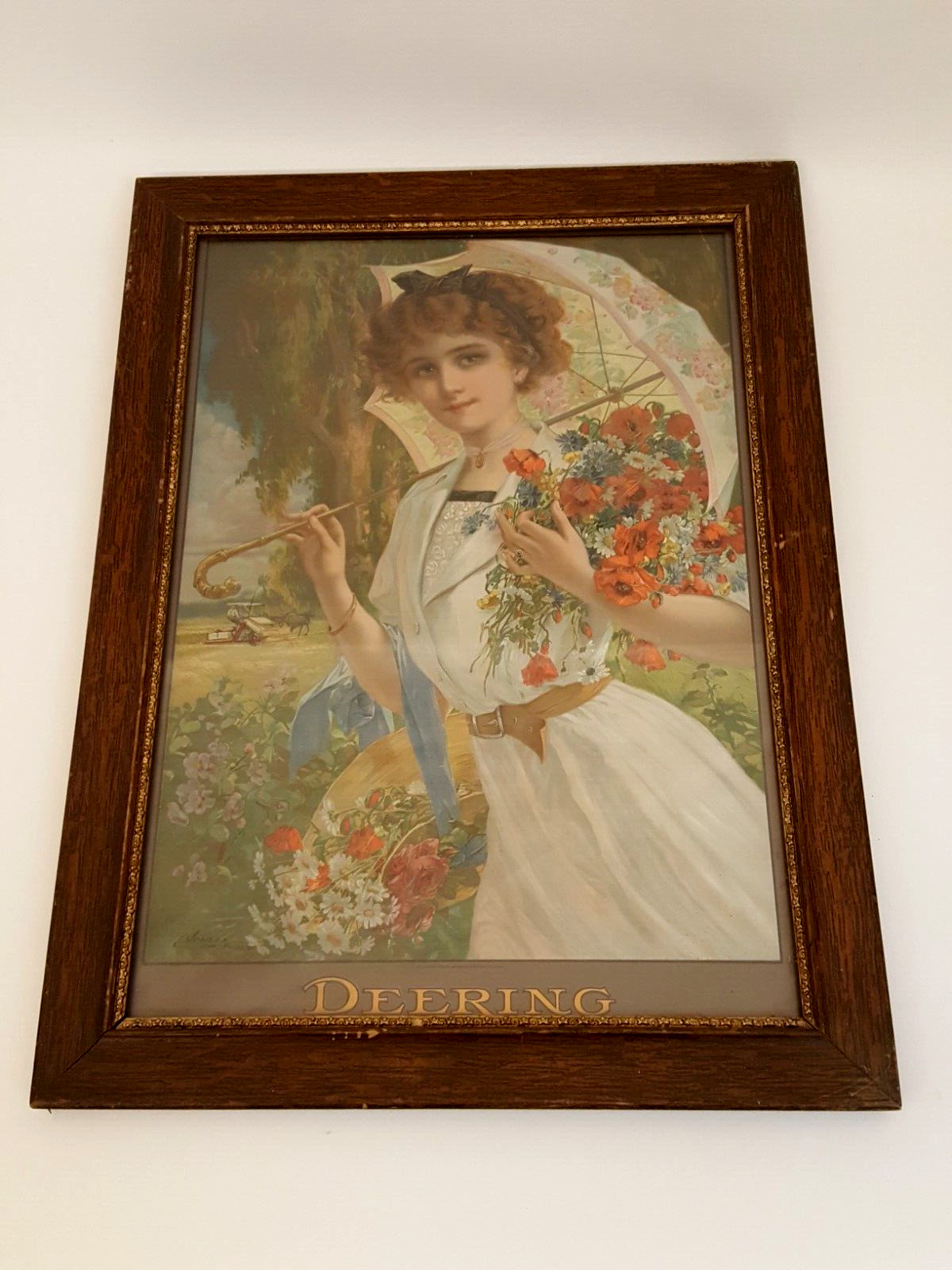 Antique 1910 Deering Harvester ad with Lady + flowers Emile Vernon Paris framed