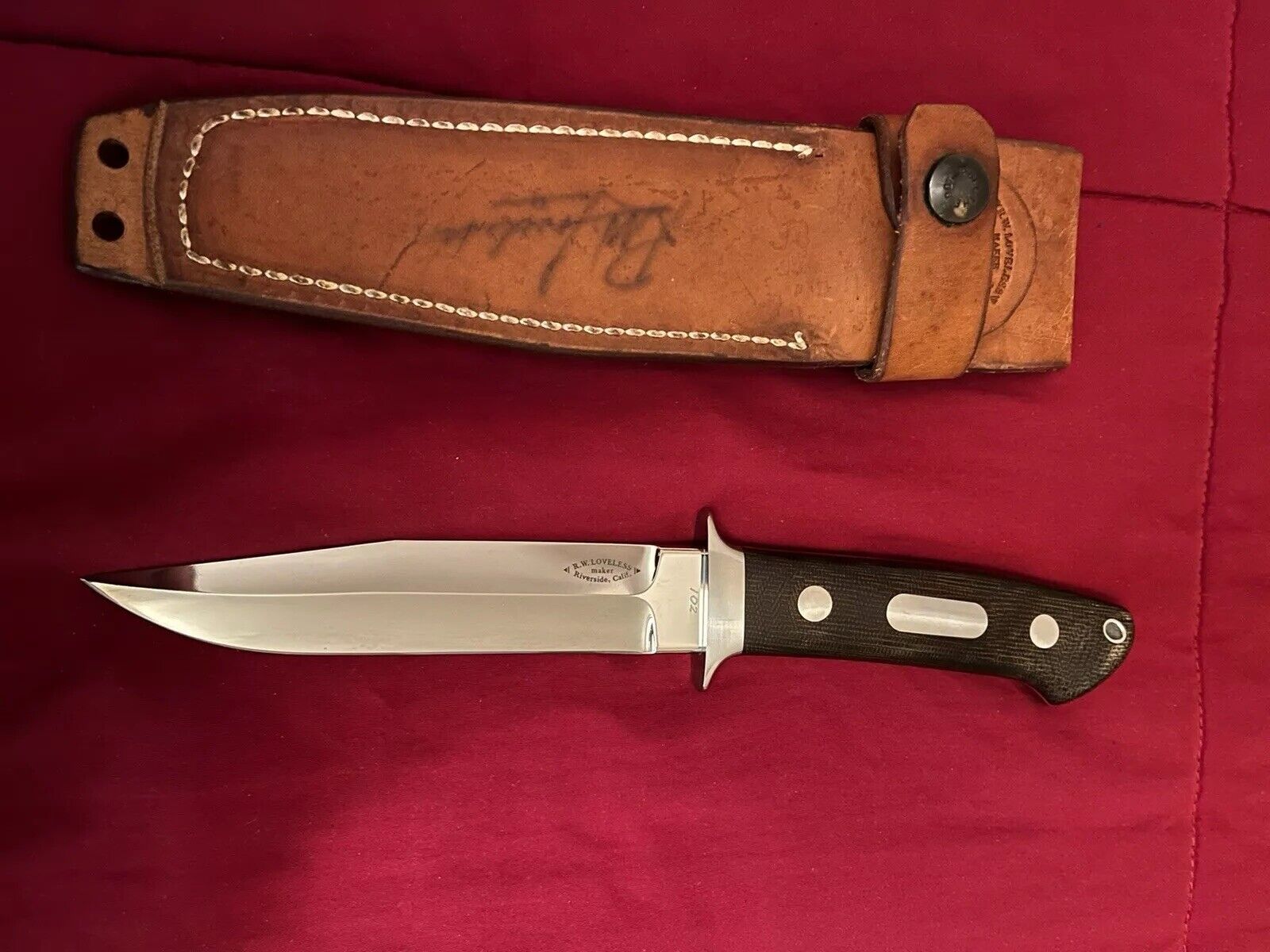 R.W. Loveless Maker Custom 5-1/2” Blade Fighter Knife-Signed Sheath. Rare