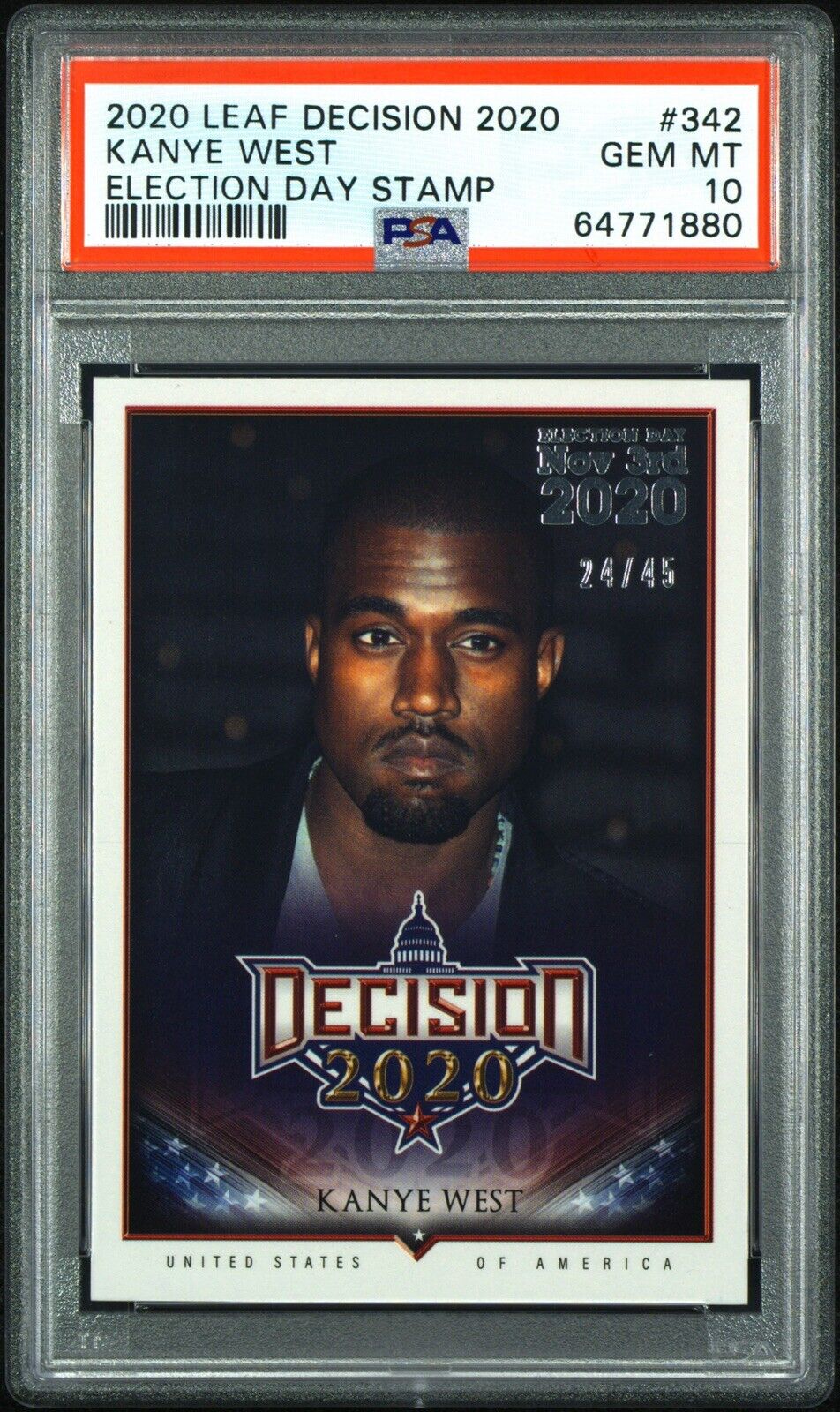 2020 Leaf Decision Kanye West Election Day Stamp #342 PSA 10 Gem Mint #/45 POP 3