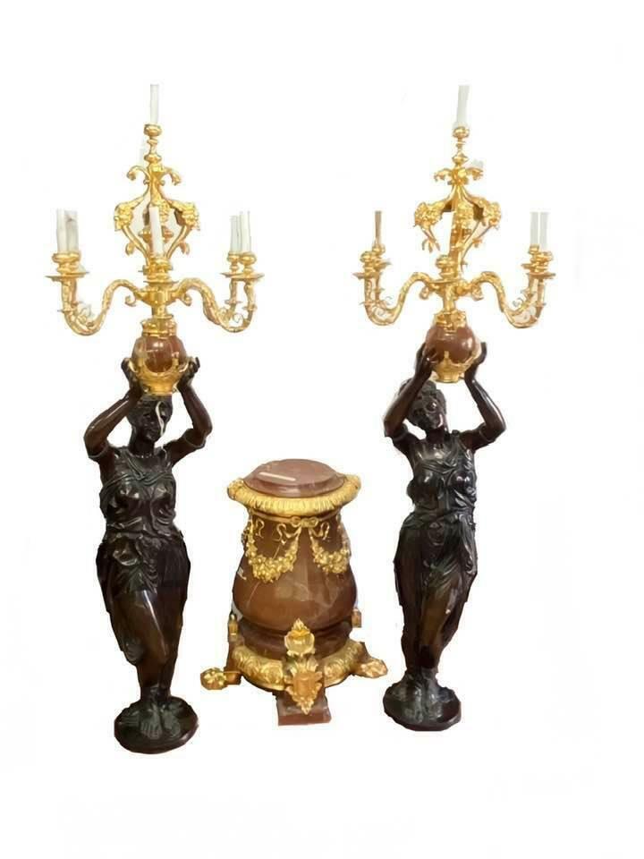 20th Century Big Pair of Bronze French Women Statue Red Marble Gilt Candelabras