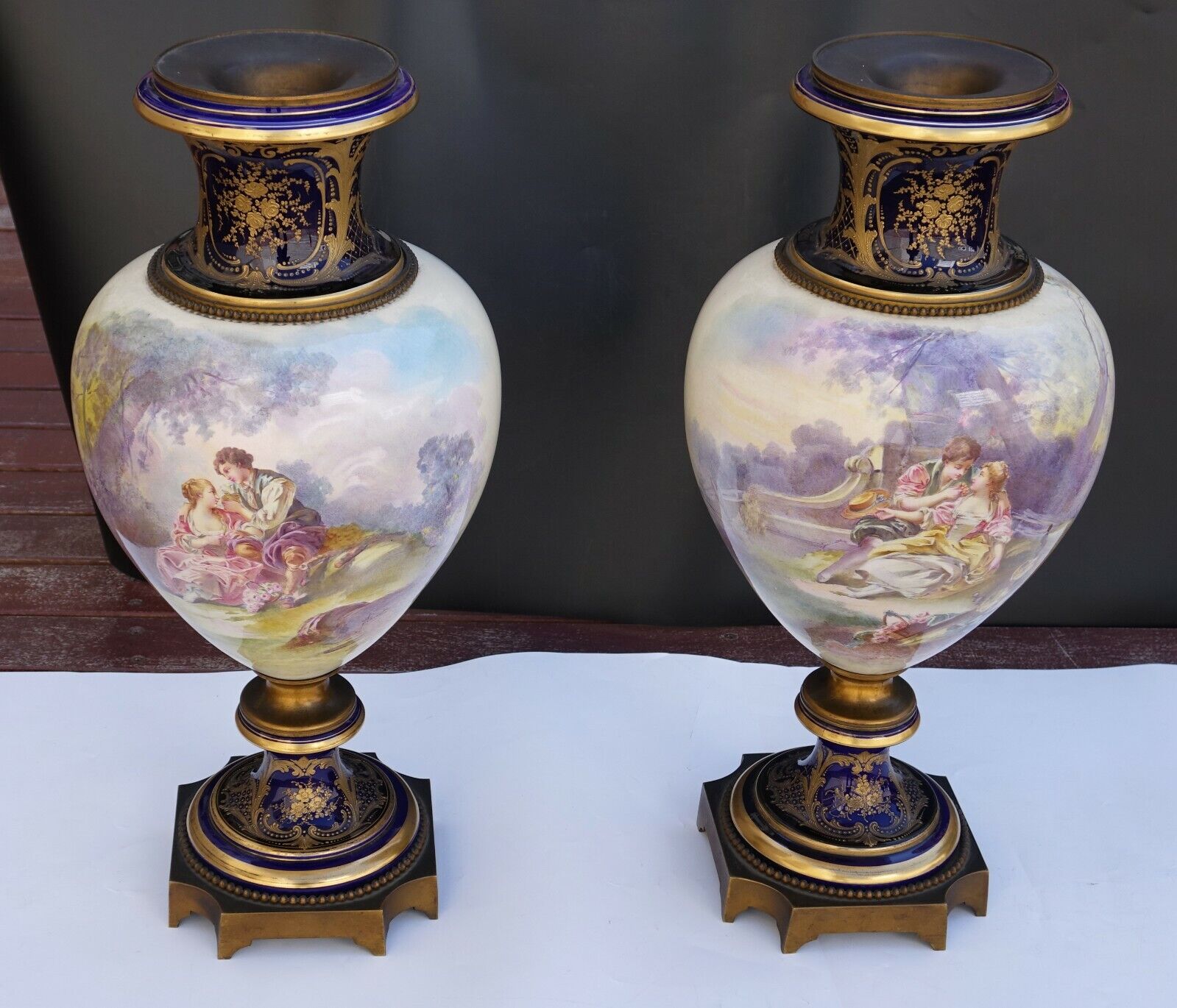 PAIR French 19th Century Large Sevres Cobalt-Blue Porcelain Vases by MAXANT