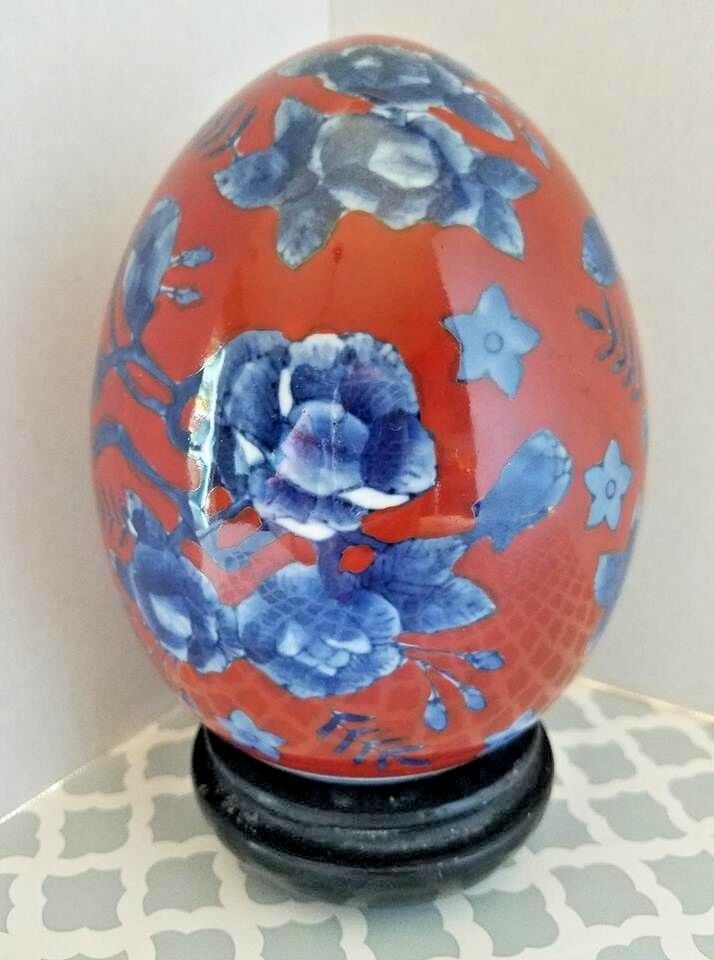Large Collectible Ceramic Floral Egg On a  Wood  Base 