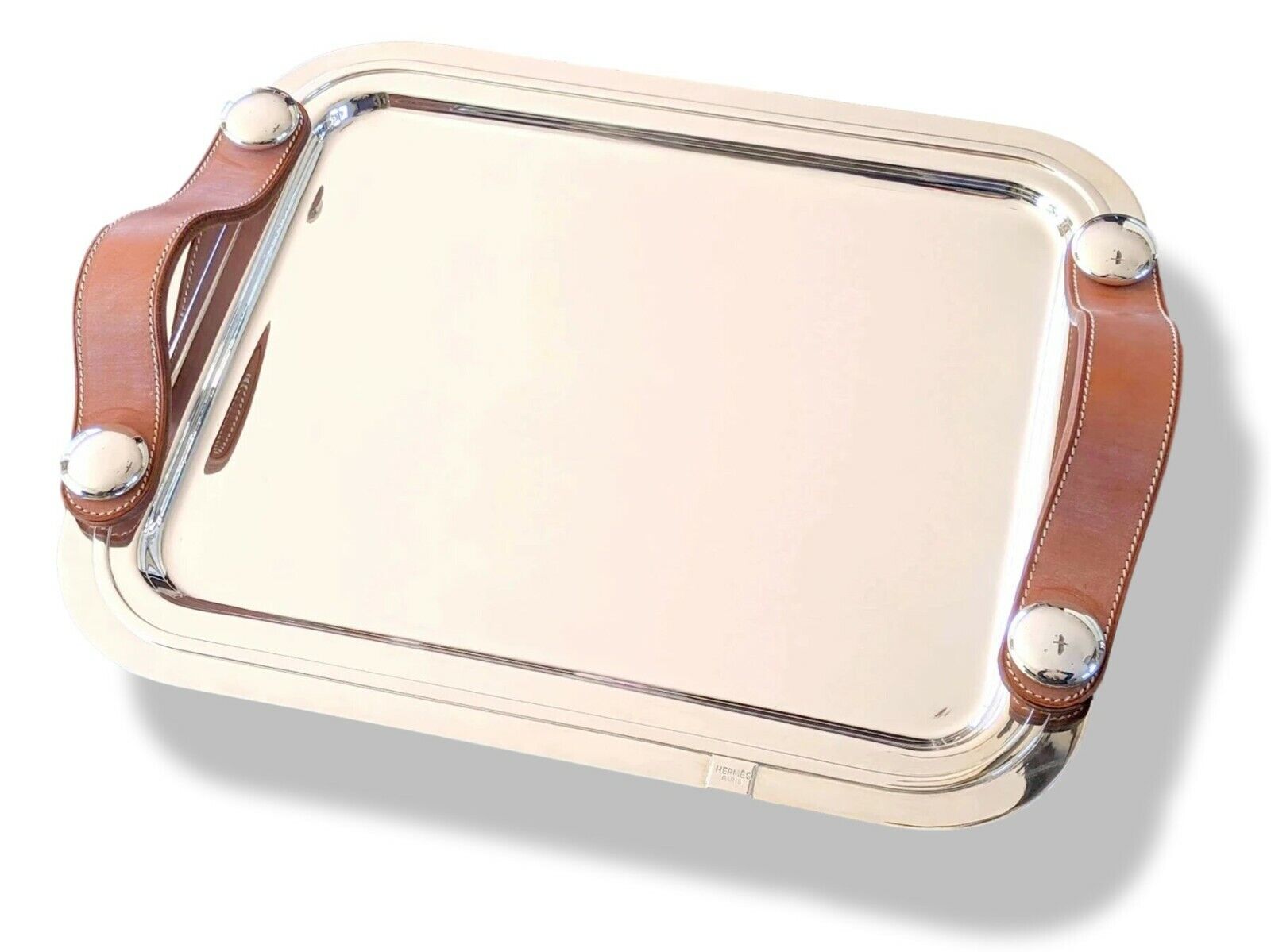 Hermes [M3] Home Art Deco Plated Silver Tray SPARTE PM with Leather Handles NEW