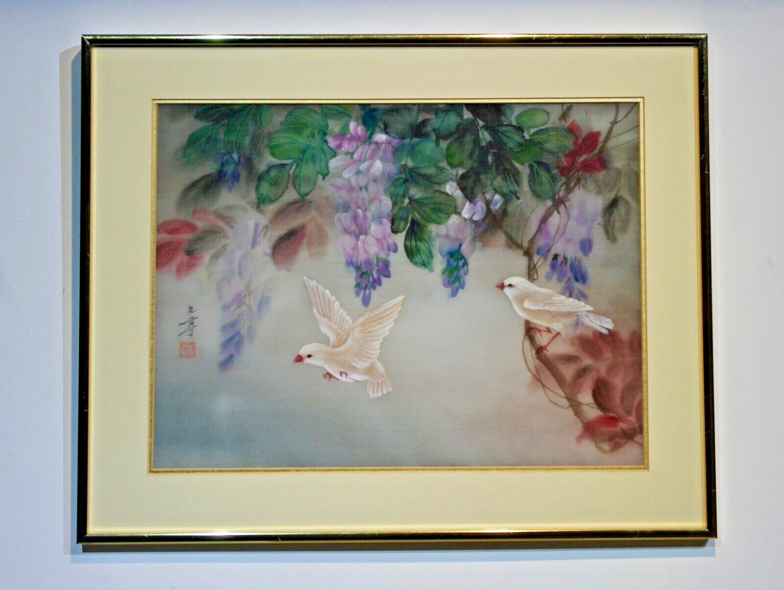 original watercolor framed signed Lena Liu beautiful birds asian style silk rare