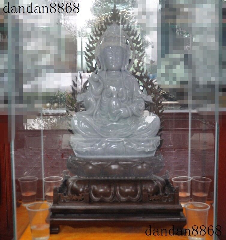 Rare Natural 100% Jadeite Emerald Jade Pure Guanyin Kuan-Yin Statue