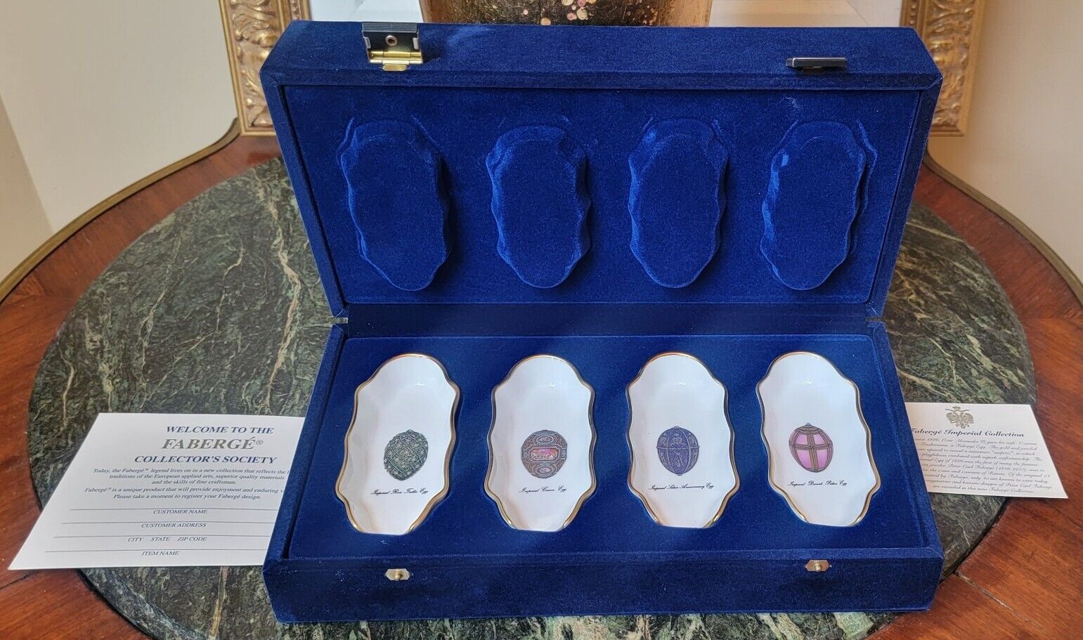 RARE NEW 4 FABERGE EGG LIMOGES SMALL TRAYS W CARDS VELVET BOX SET EXC CONDITION 