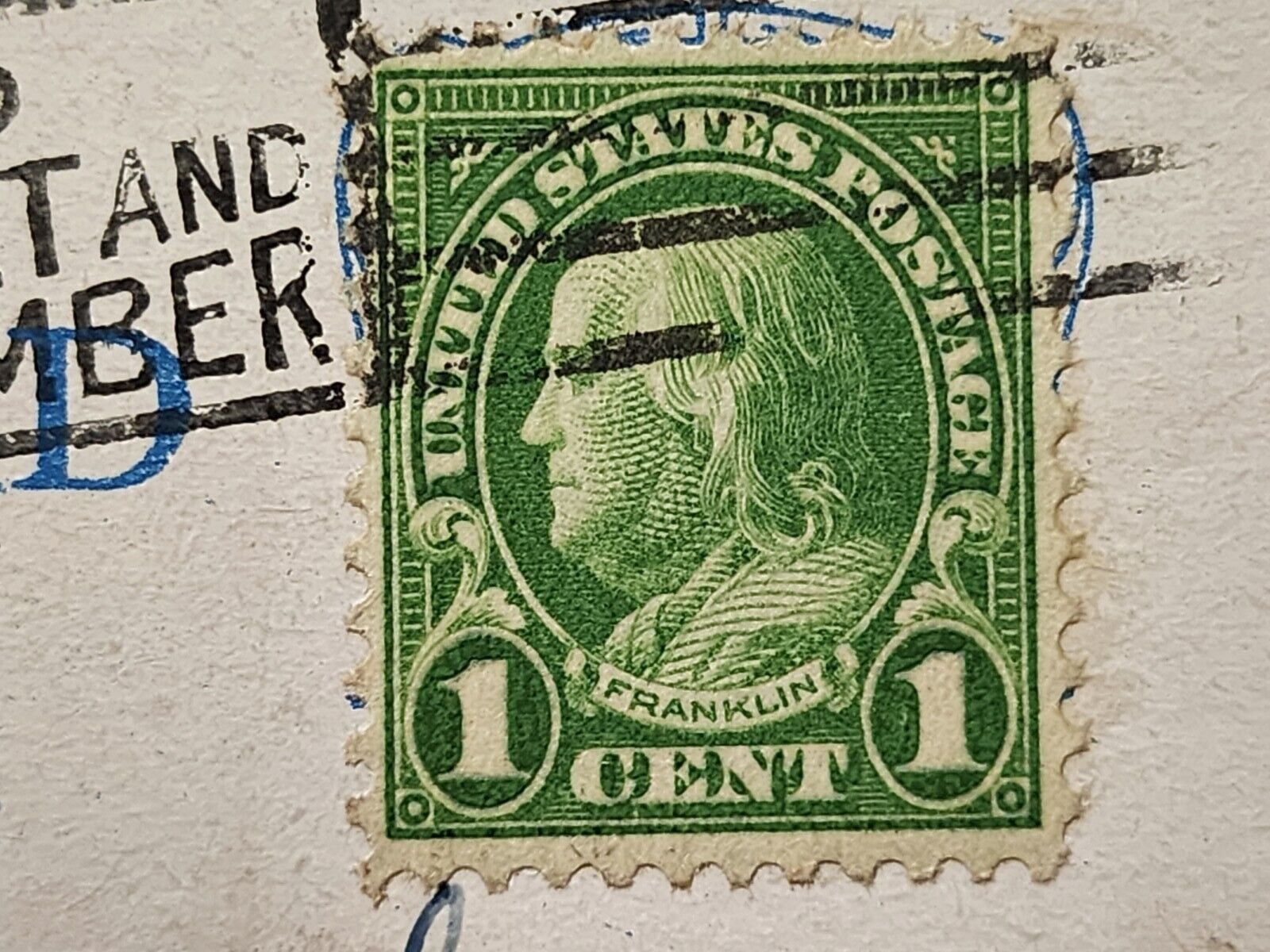 BEN FRANKLIN VINTAGE ONE CENT STAMP EXTREMELY RARE WITH POST CARD SAN FRANCISCO 