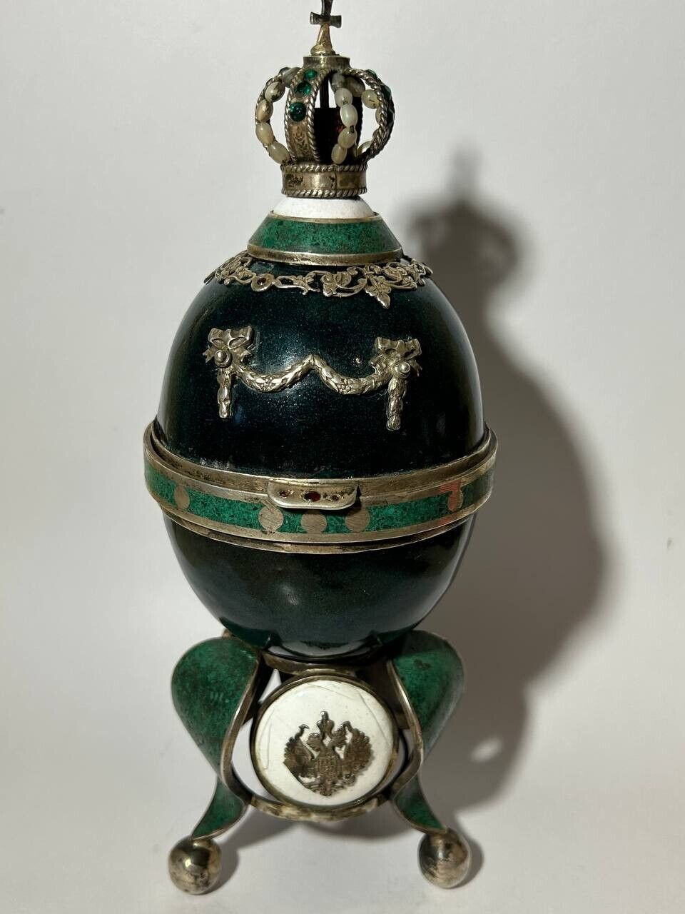 Antique Imperial FABERGE Silver & Enamel Easter Egg Desk Clock Nicholas II c1900