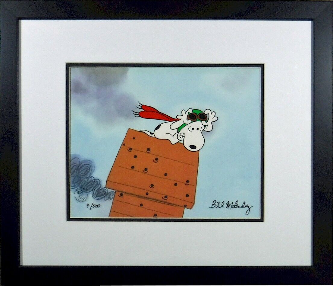 🟢 PERFECT Bill Melendez Signature Peanuts Cel Red Baron Snoopy Charlie Brown 