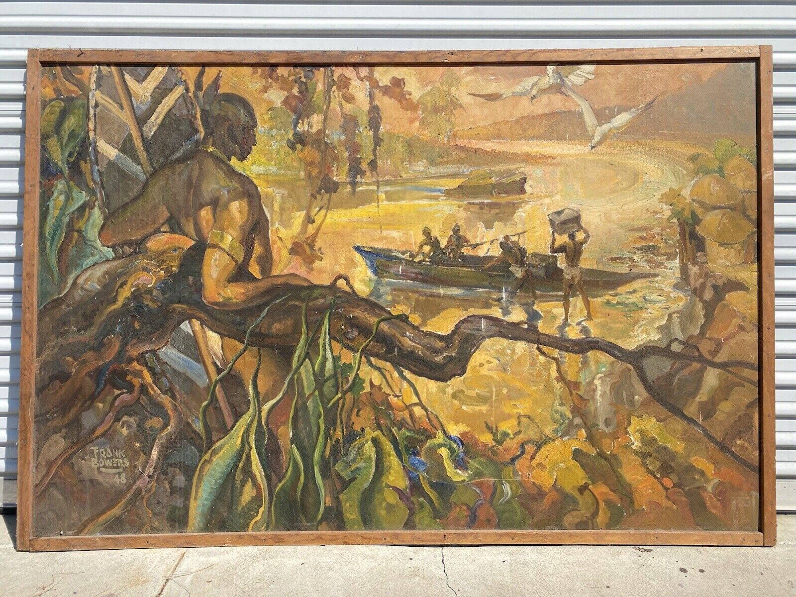 🔥 Historic RARE Vintage Tiki Bar Los Angeles Mural Oil Painting FRANK BOWERS 48