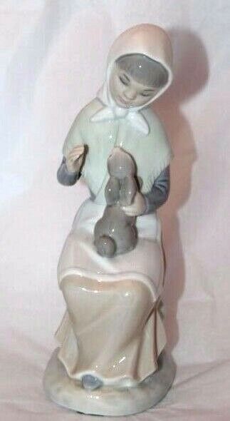 1982 Zaphir Lady Girl Woman with Rabbit on Lap Porcelain Figurine Made in Spain 