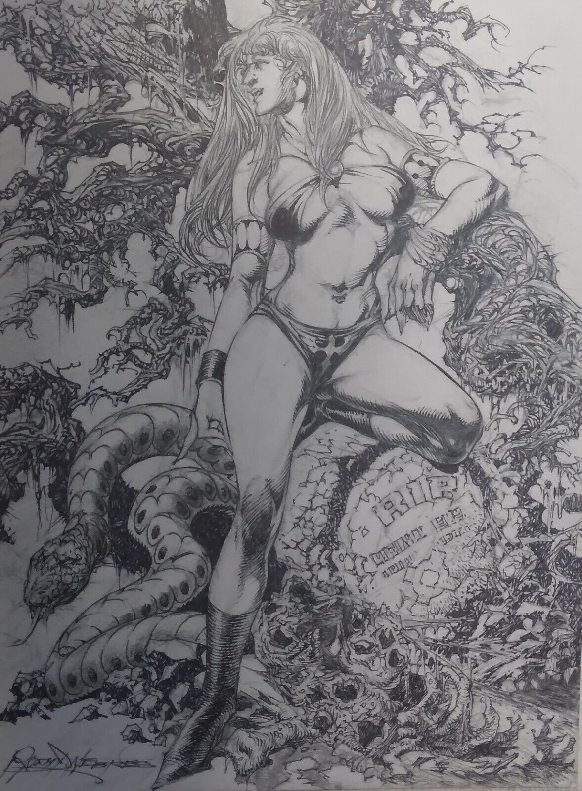 VAMPIRELLA in Cemetery 9x12 by Rudy Nebres full figure pencil/inked 1998