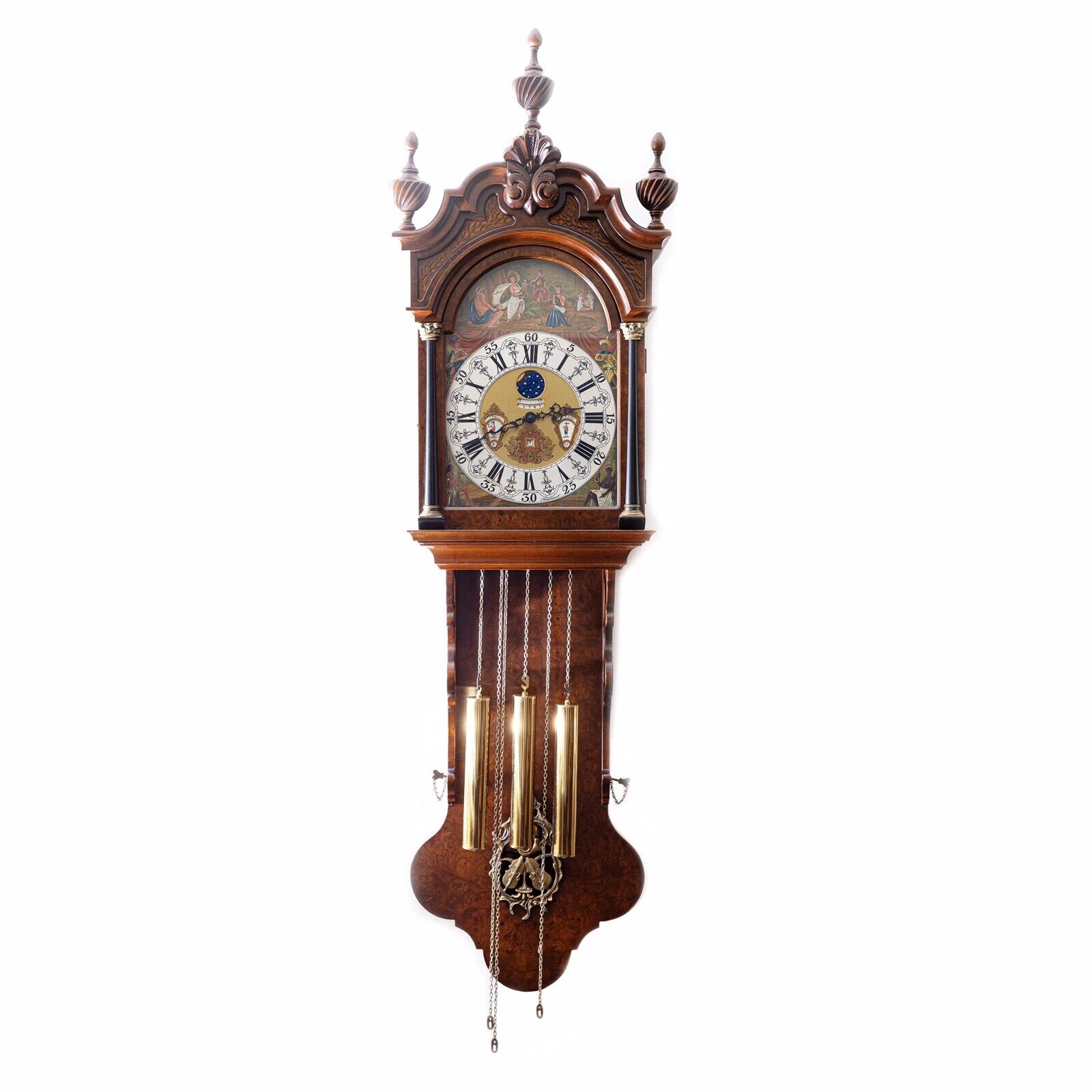 RARE GERMANY CALENDAR AND MOON WALL STRIKE TRIPLE CHIME CLOCK,3 WEIGHTS DRIVEN