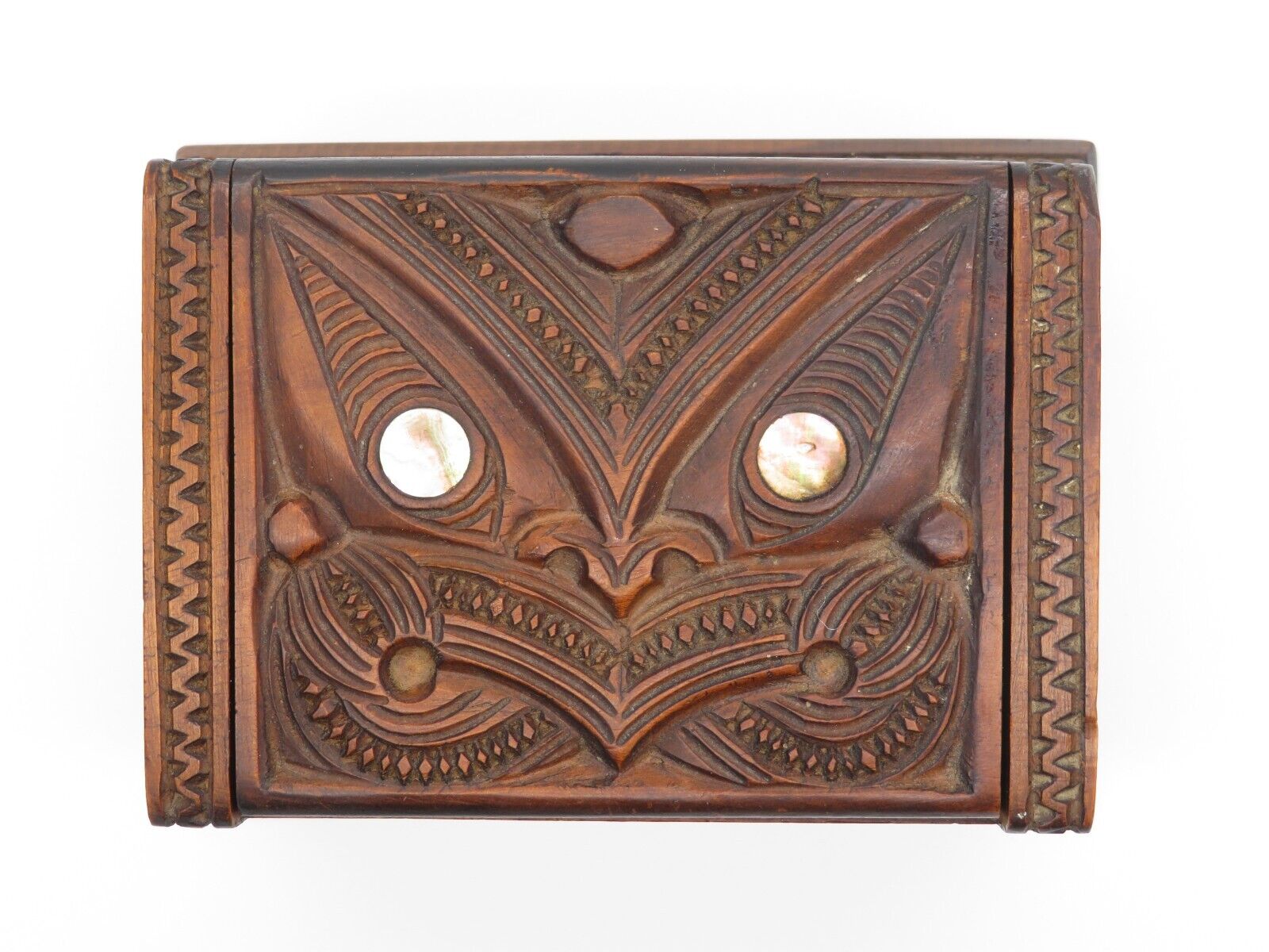 Vintage Maori Carved Wooden Box with Paua Eyes, Tapu P.H. Leonard Rotorua NZ