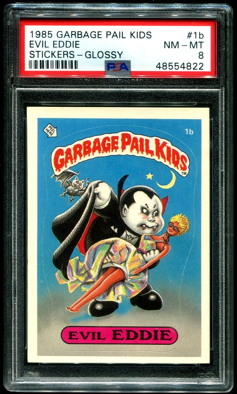PSA 8 1985 Topps Garbage Pail Kids Evil Eddie Glossy Sticker 1b OS1 Series 1 GPK