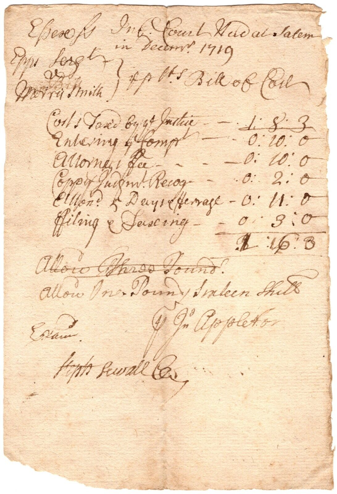 Stephen Sewall - Document Signed - Court Clerk of Salem Witch Trials of 1692