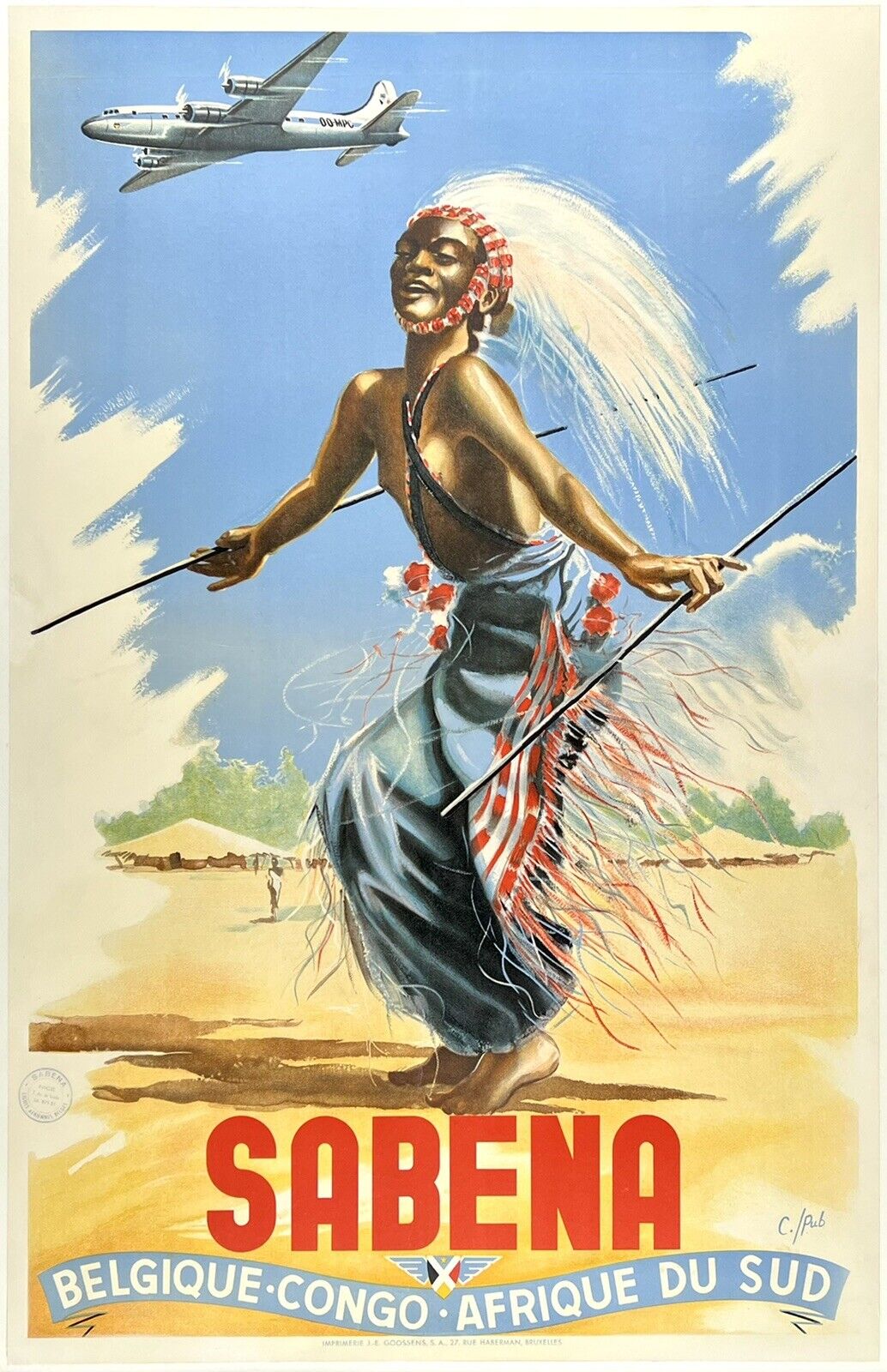 Original Vintage Poster SABENA BELGIQUE CONGO Belgian Africa Airine Travel OL