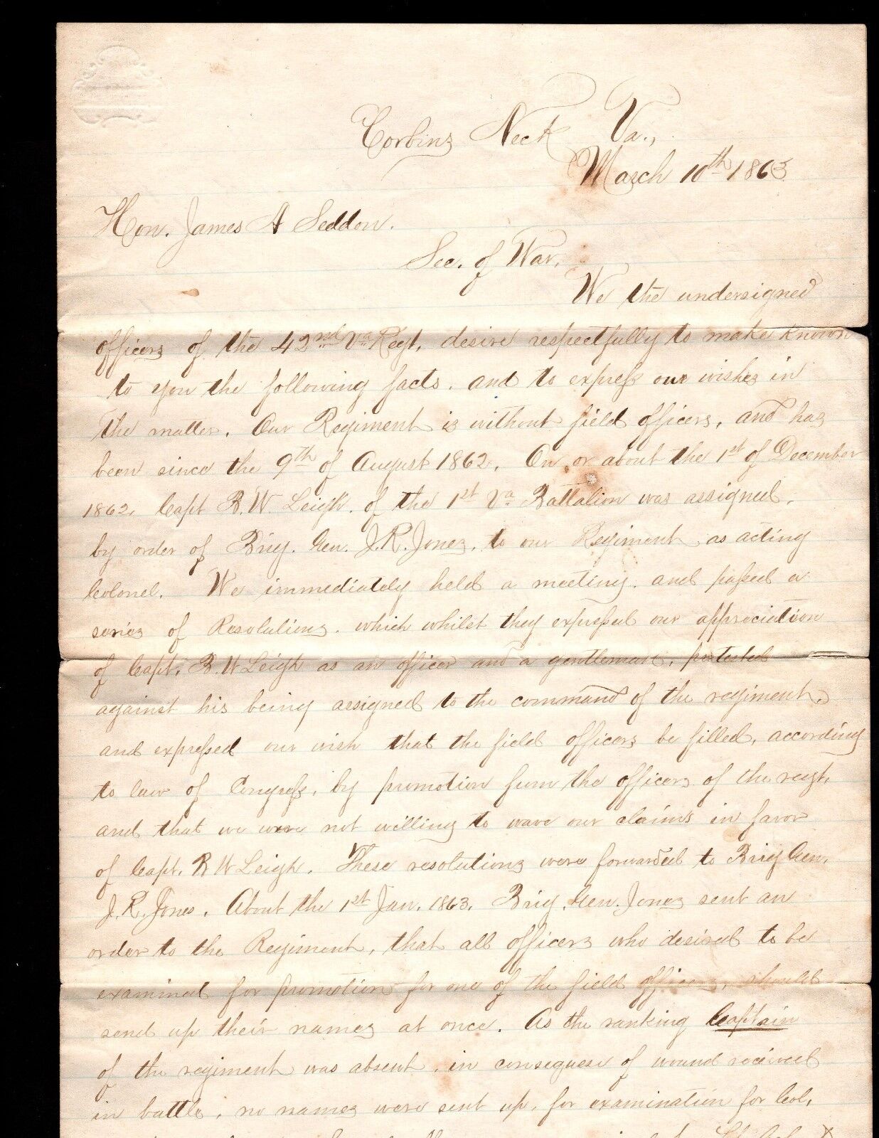 42nd Virginia Corbin's Neck 3/10/1863 Signed 25 Officers 2 Confederate Generals 