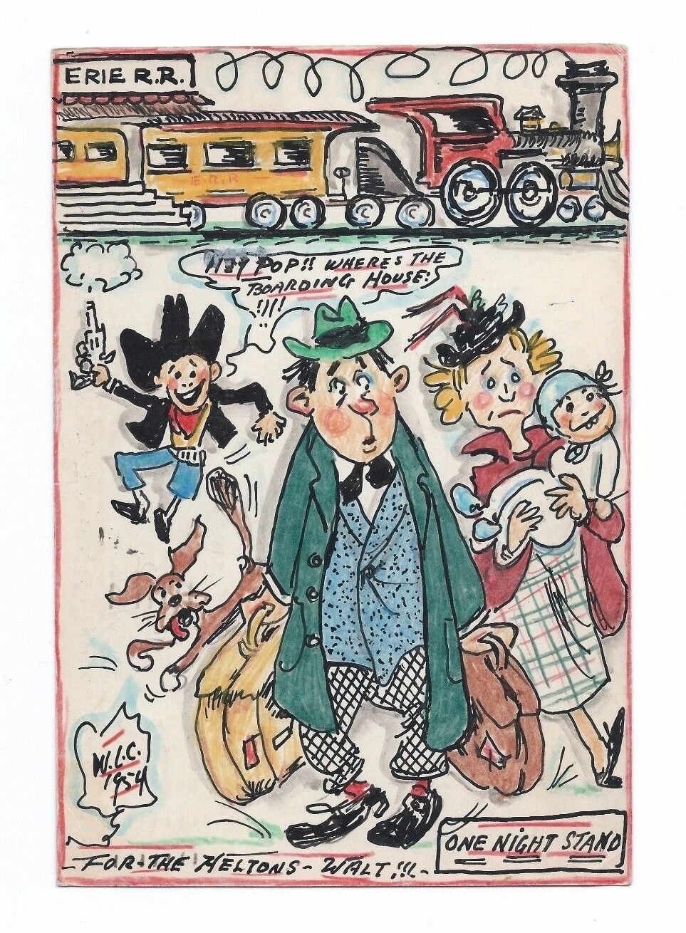 Vintage CATLETT Actor Hand Drawn Art Postcard ERIE RR RAILROAD TRAIN Dog Gun Boy