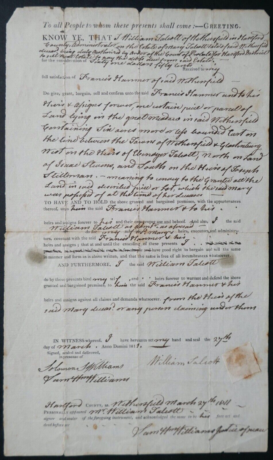 Antique Wethersfield Connecticut 1811 William Talcott Solomon Williams Document