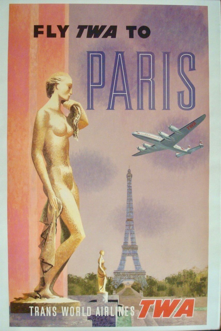 TWA FLY TO PARIS 1958 Vintage Travel Airlines poster David Klein 25x40 NM LINEN