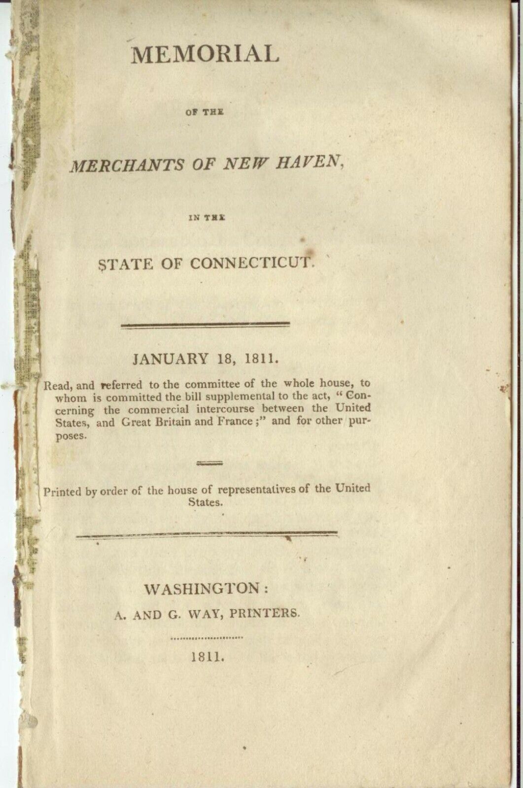 original 1811 Connecticut Merchants complaint to Congress on West Indies trade